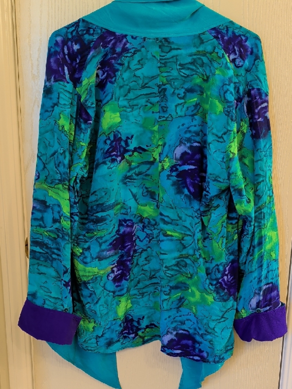 Diane Gilman 100% Silk Watercolor Cardigan Size M | Teal Open Front Duster Top - Picture 6 of 10